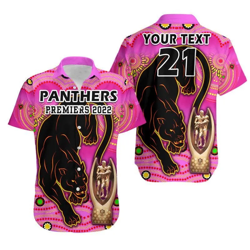 (Custom Personalised) Penrith Panthers Rugby Hawaiian Shirt Pink Crouching Panther Premiers 2022 Lt9_0