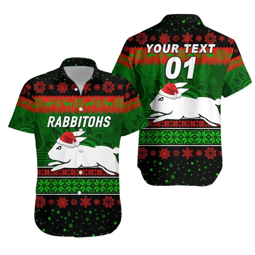 (Custom Personalised) South Sydney Rabbitohs Hawaiian Shirt Christmas Simple Style   Black Lt8_1