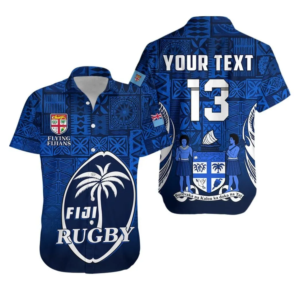 (Custom Text And Number) Fiji Rugby Hawaiian Shirt Flying Fijians Blue Tapa Pattern Lt13_0