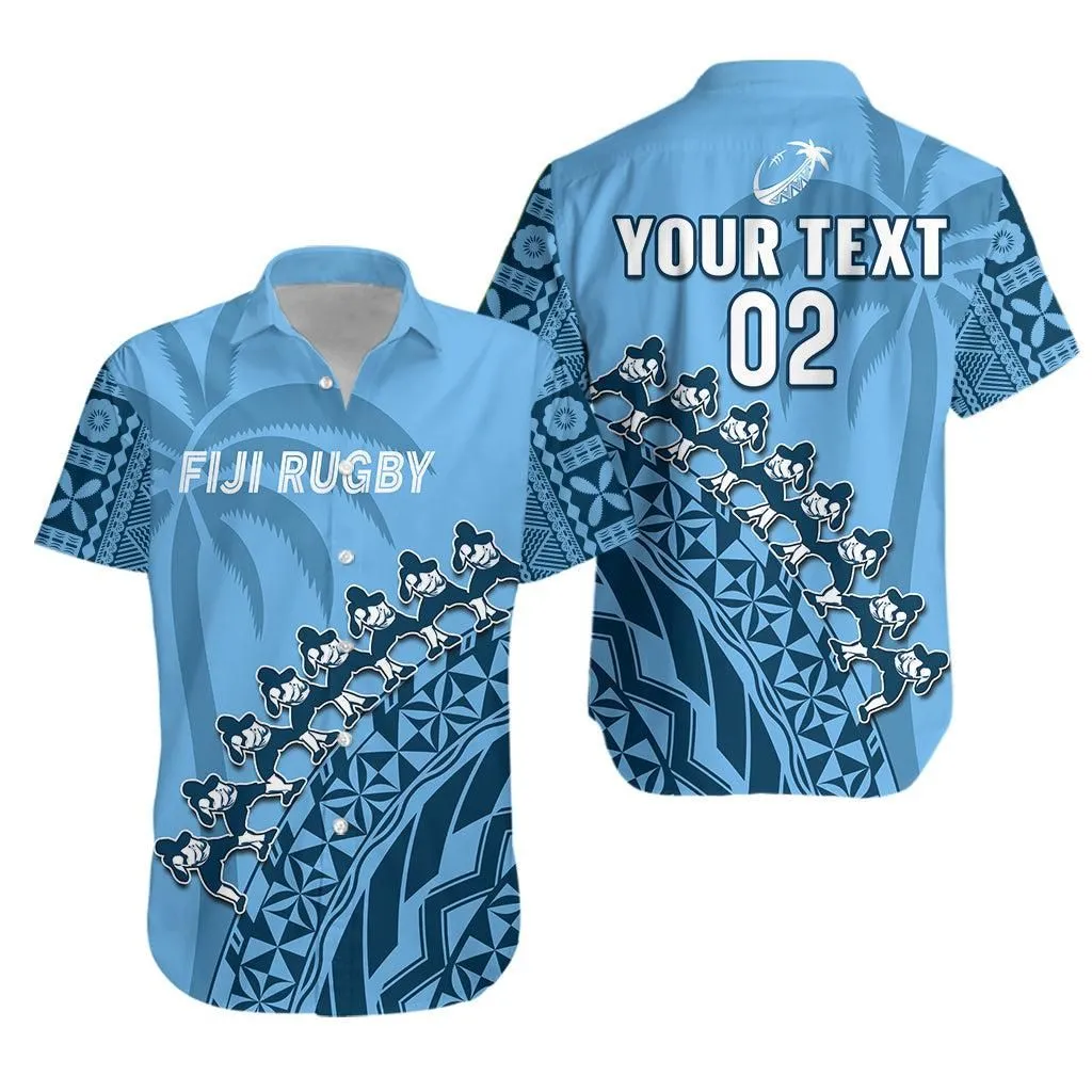 Custom Text And Number Fiji Tapa Rugby Hawaiian Shirt Fijian Cibi Dance Tapa Pattern Blue Lt14_0