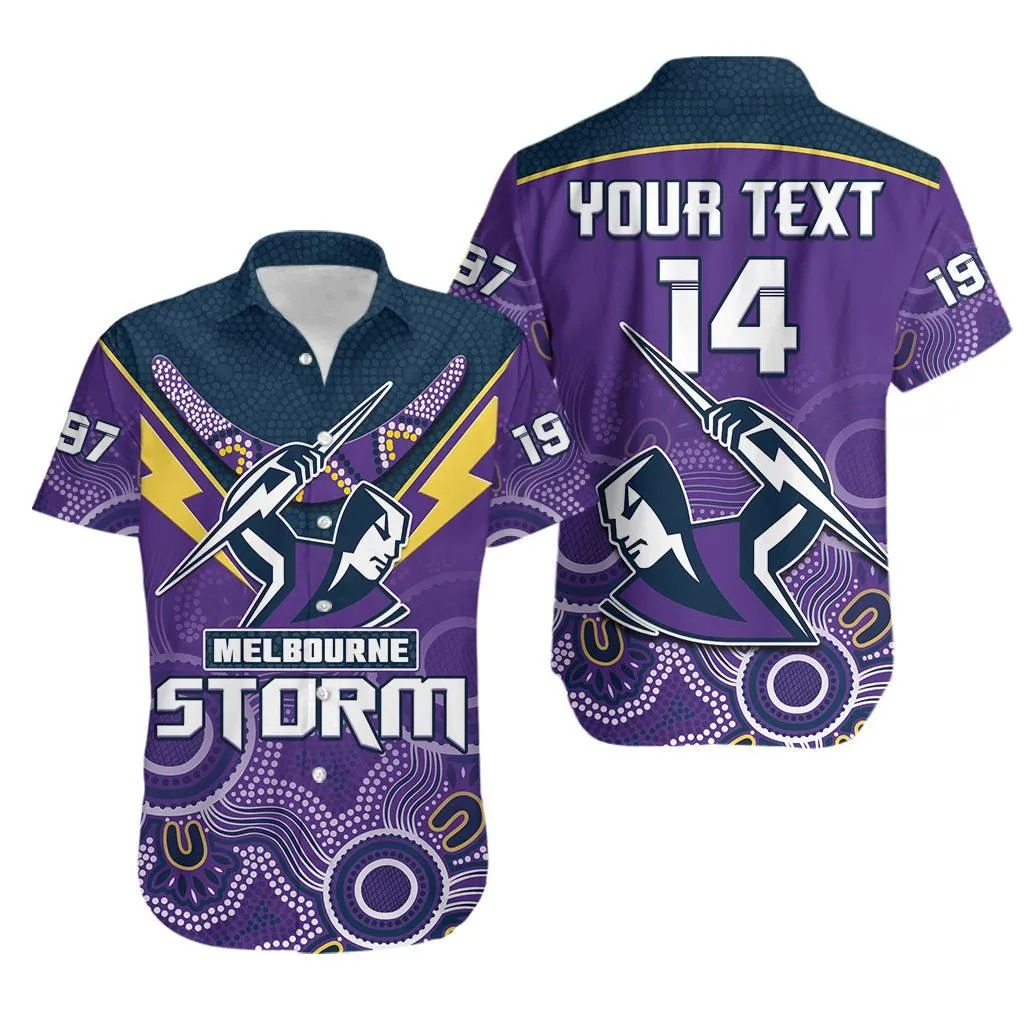 (Custom Text And Number) Melbourne Storm Rugby Hawaiian Shirt Indigenous Boomerang Gradient Style Lt14_0