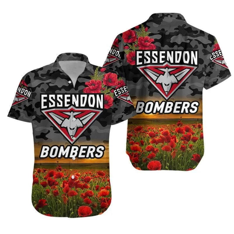 Essendon Bombers Anzac Hawaiian Shirt Poppy Vibes   Black Lt8_1