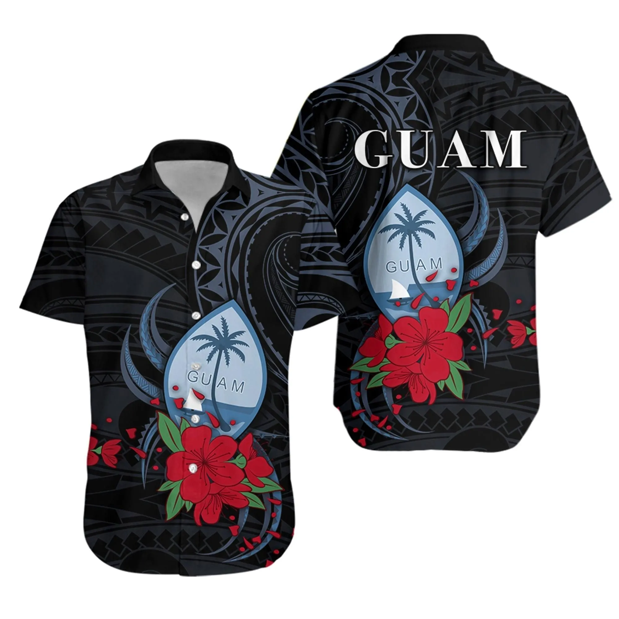 Guam Hawaiian Shirt Polynesian Flowers Version Black Lt13_1