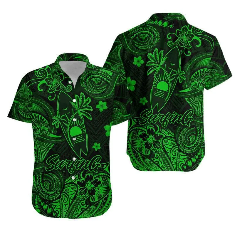 Hawaii Surfing Polynesian Combo Dress And Hawaiian Shirt Matching Couples Outfit Unique Style   Green Lt8_0