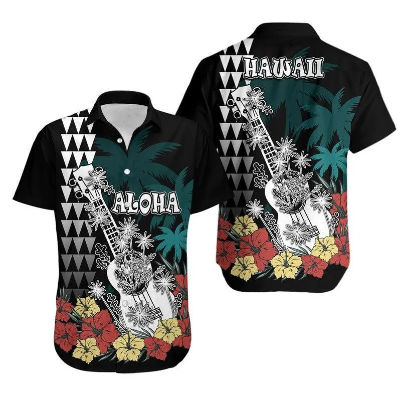 Hawaii Ukulele Mix Hibiscus And Coconut Tree Hawaiian Shirt Aloha Vintage Black Version Lt9_0