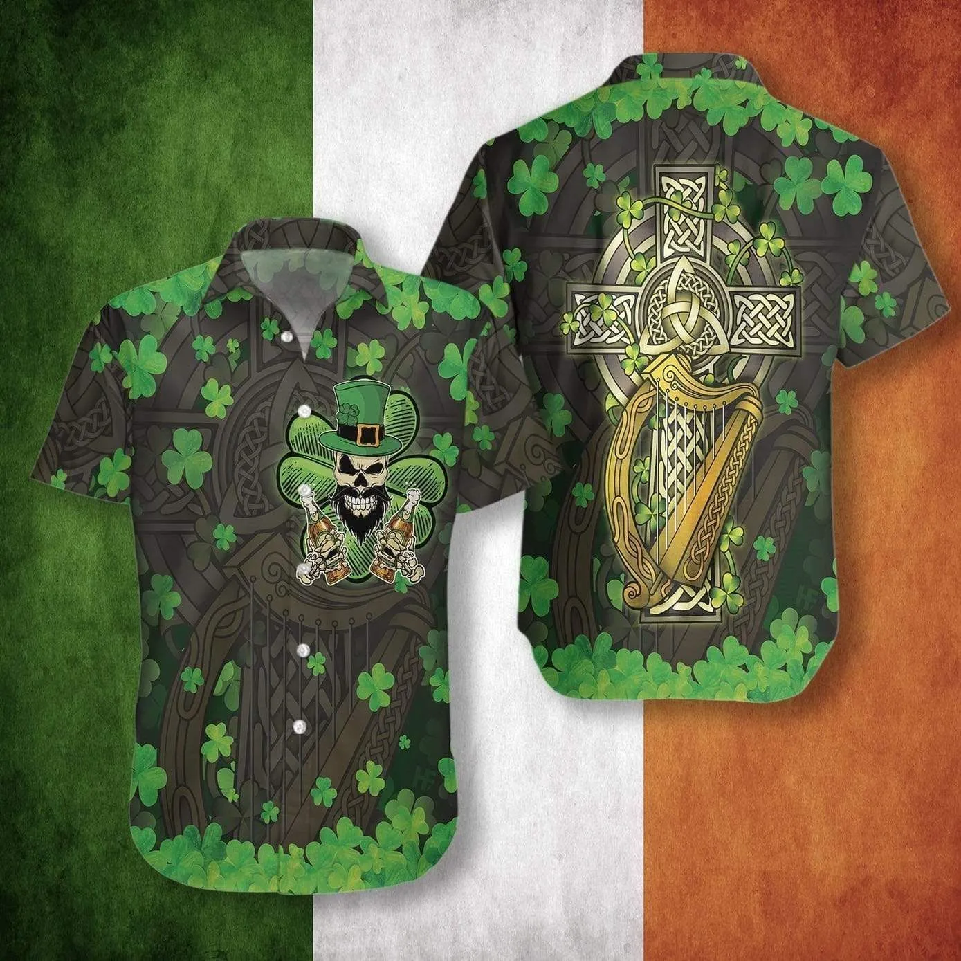 High Quality Beer And Skull Proud Irish People Celtic Cross Harp Patrick Green Hawaiian Shirts_0