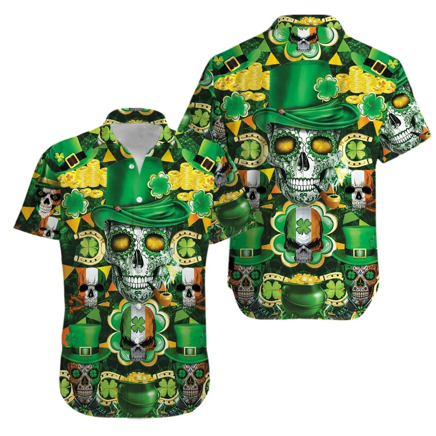 Irish Skull Rich St Patrick Green Hawaiian Aloha Shirts_0