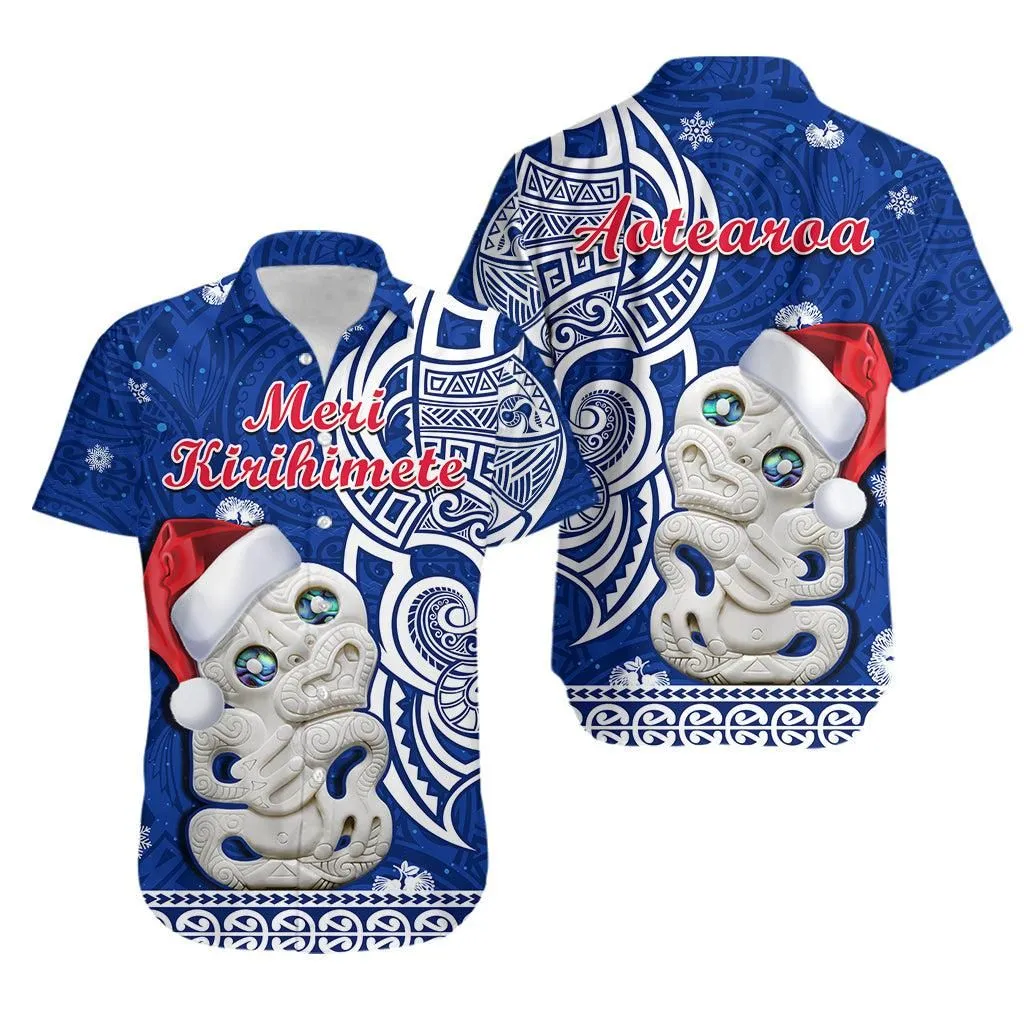New Zealand Christmas Hawaiian Shirt Hei Tiki Blue Pohutukawa Meri Kirihimete Lt14_0