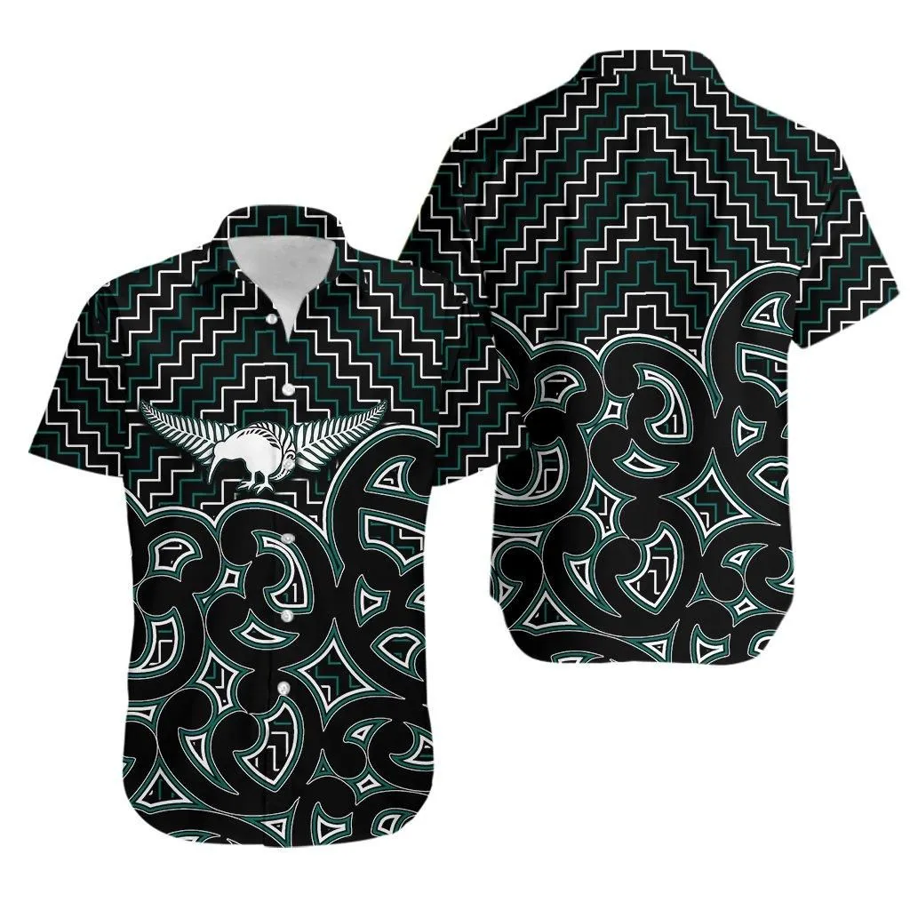 New Zealand Hawaiian Shirt Maori Graphic Tee Patterns Green Lt6_1