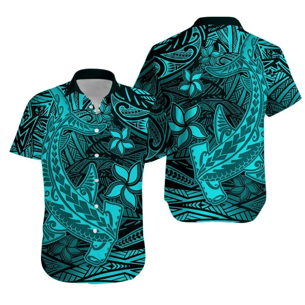 Polynesian Hawaiian Shirt Turquoise Hawaiian Tribal Hammerhead Shark Lt14_0