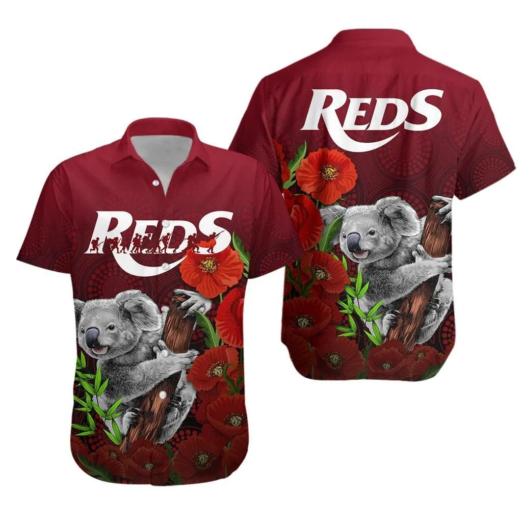 Queensland Reds Rugby Hawaiian Shirt Poppy Koala Anzac Day_1