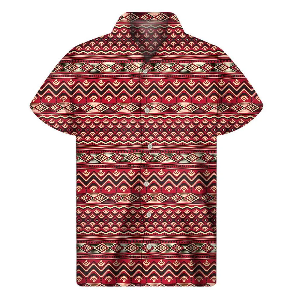 Red African Tribal Pattern Print Mens Short Sleeve Shirt_1