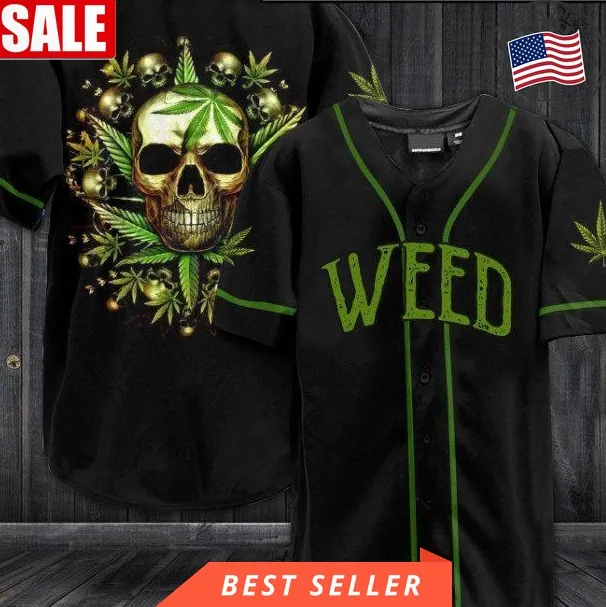 Custom Name Green Weed Skull Baseball Jersey Shirt