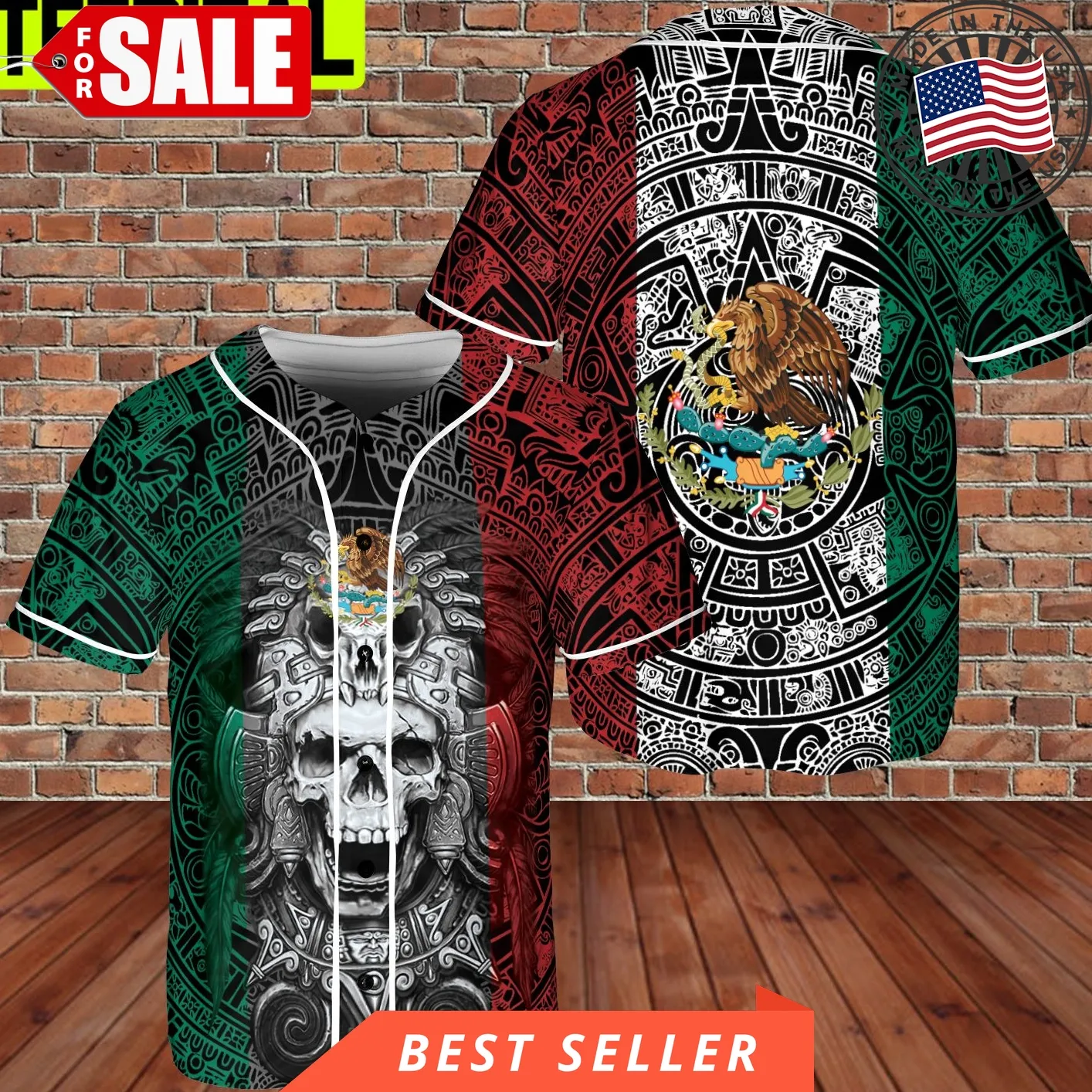 Custom Name Mexico Aztec Warrior Skull Flag Aop Baseball Jersey