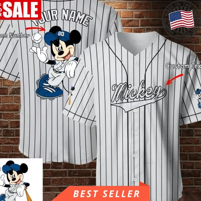 Mickey Mouse Black Red Cartoon Custom Name Baseball Jersey Shirt