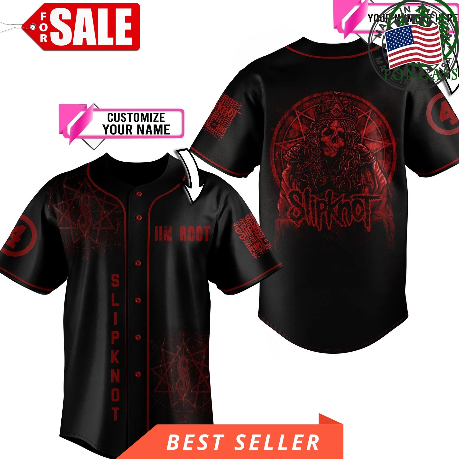 Custom Name Number Slipknot Red Skull Black Baseball Jersey Shirt Unisex Tshirt