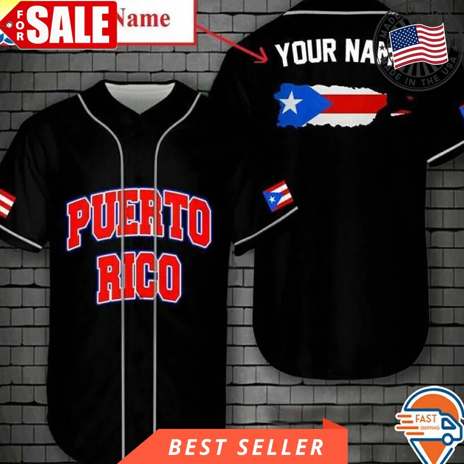 Custom Name Puerto Rico Flag Black Baseball Jersey Unisex Tshirt