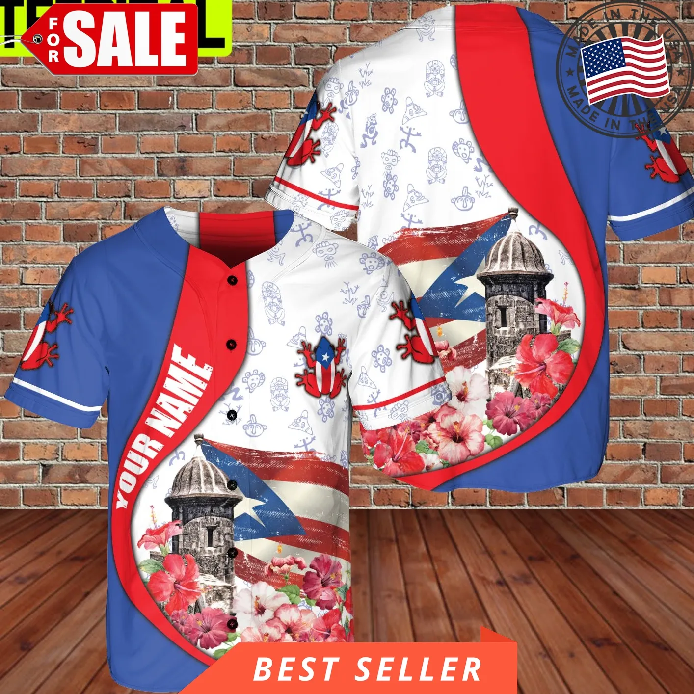 Custom Name Puerto Rico Flag Flog And Floral Tiki Hawaii Lover 3D Baseball Jersey Size up S to 5XL