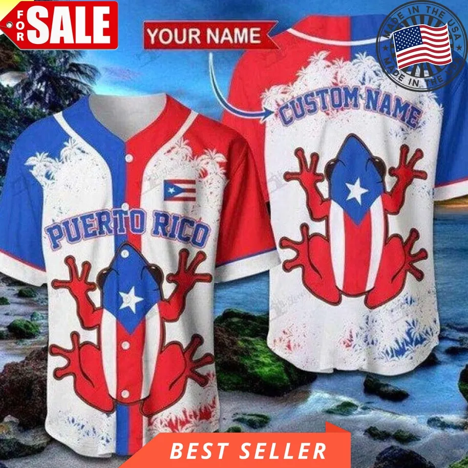 Custom Name Puerto Rico Frog Pattern Baseball Jersey Unisex Tshirt