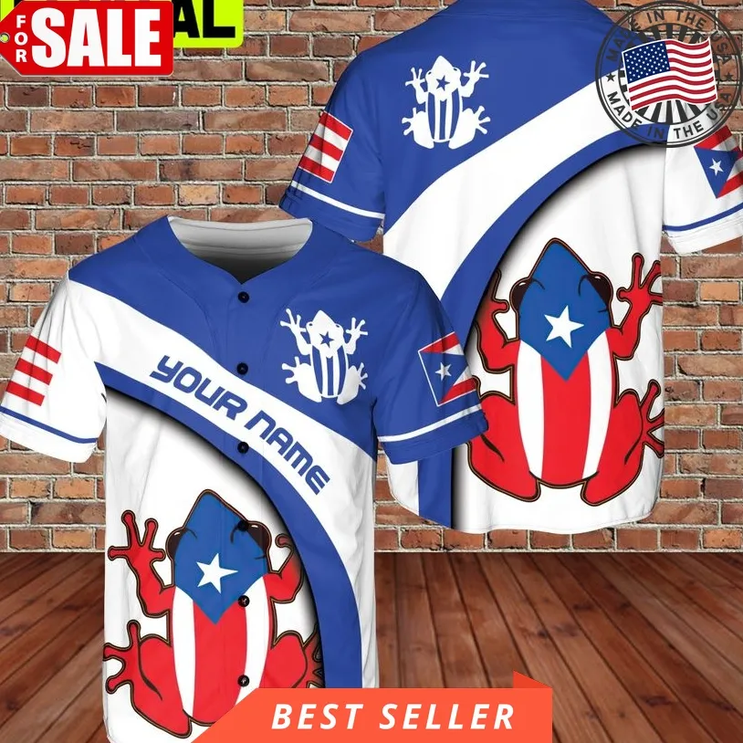 Custom Name Puerto Rico Frogs On Flag 3D Baseball Jersey Blue White Style Size up S to 5XL