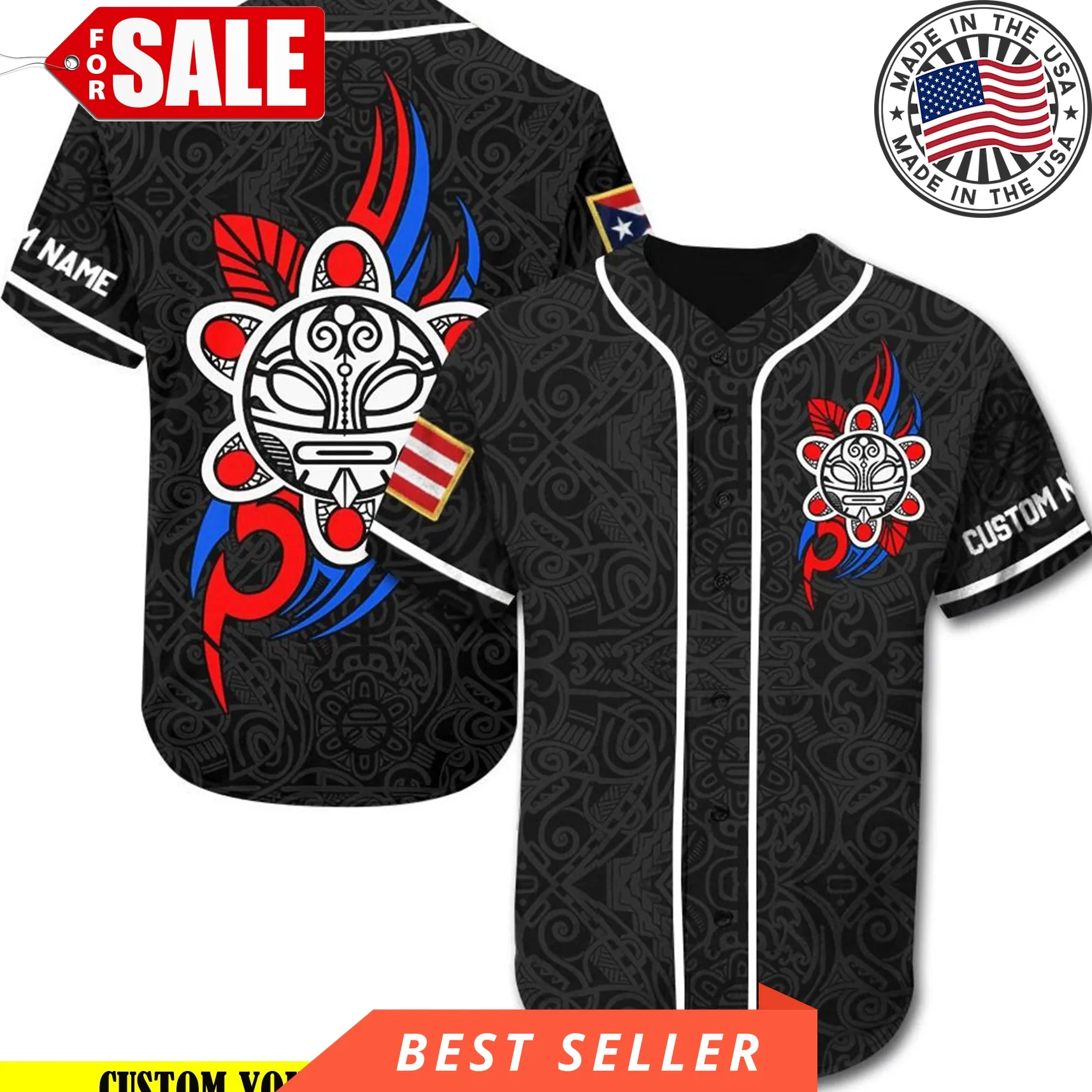 Custom Name Puerto Rico Taino Sun Tribal Baseball Jersey Shirt Unisex Tshirt