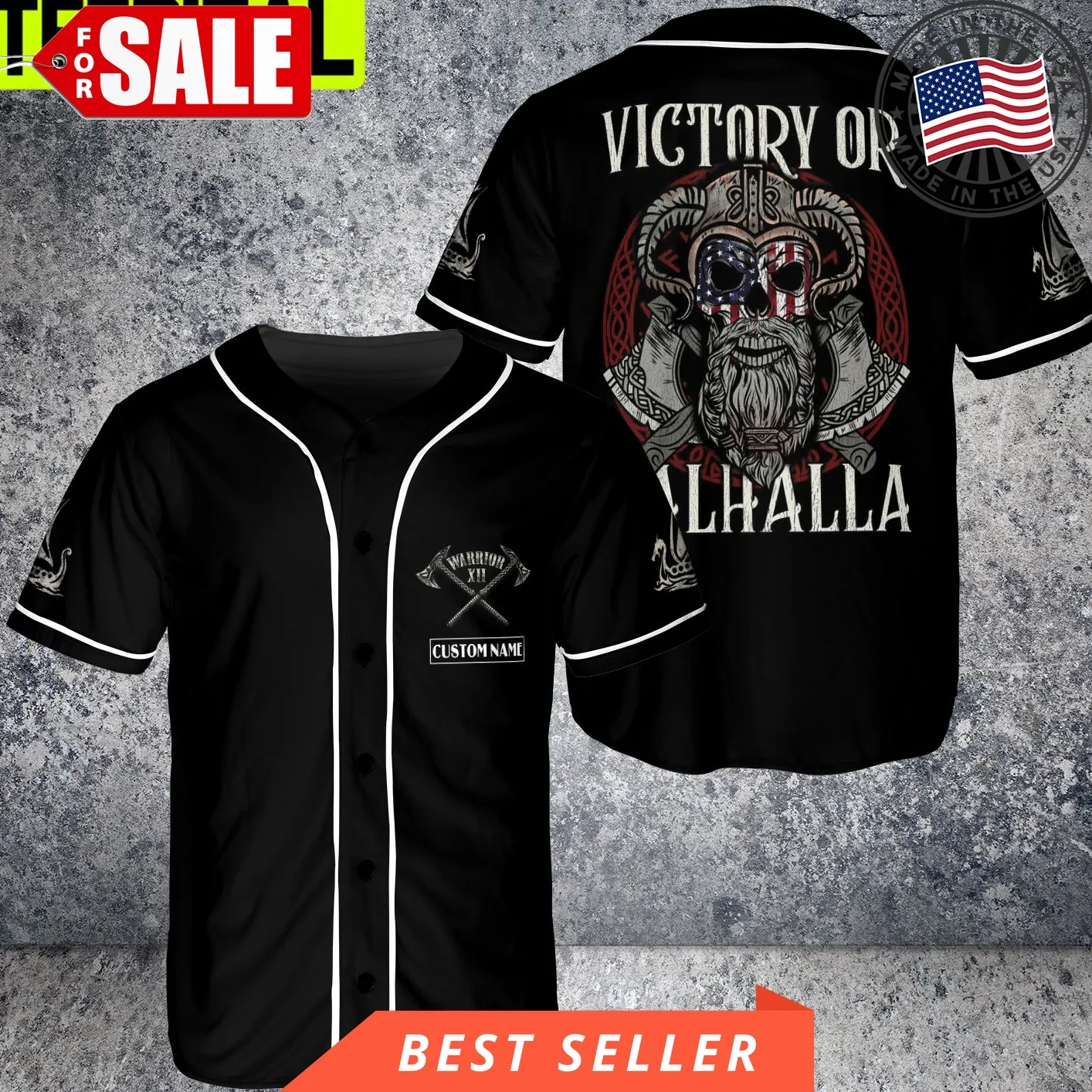 Custom Name Skull American Viking Victory Or Valhalla Usa Flag Baseball Jersey Size up S to 5XL