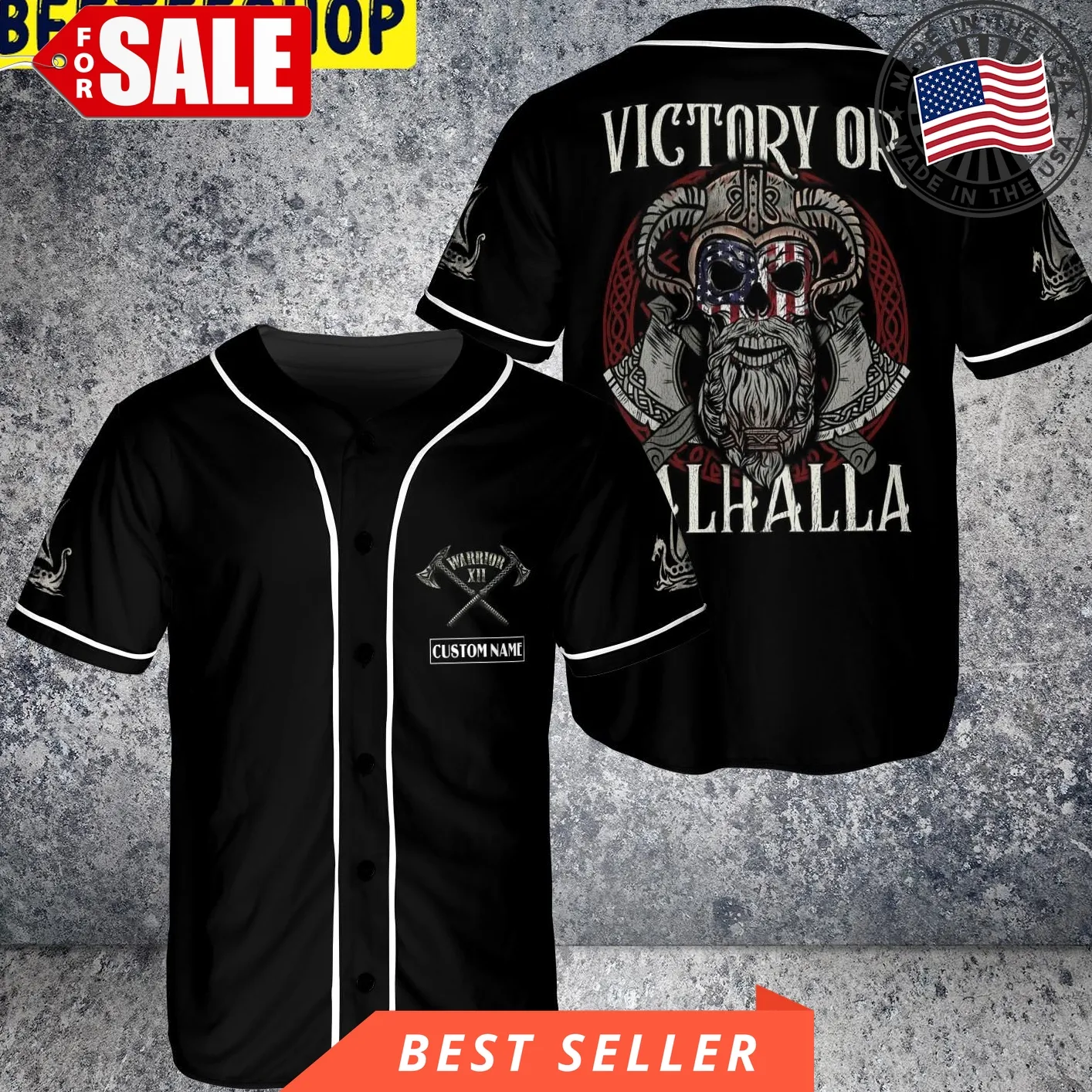 Custom Name Skull American Viking Victory Or Valhalla Usa Flag Trending Jersey Baseball Unisex Tshirt