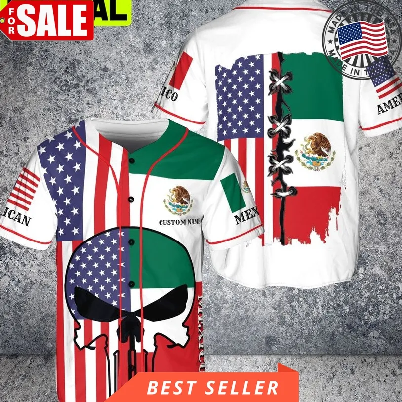 Custom Name Skull Mexico American 3D Aop Baseball Jersey White Unisex Tshirt