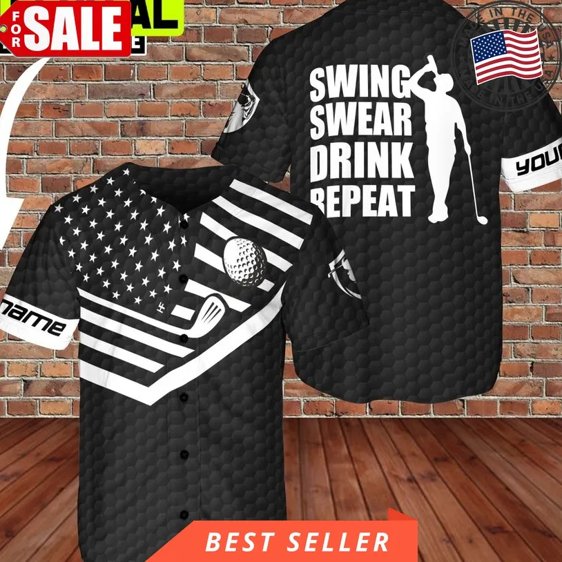 Custom Name Swing Swear Drink Golf Repeat 3D Baseball Jersey Golfer Lover Size up S to 5XL