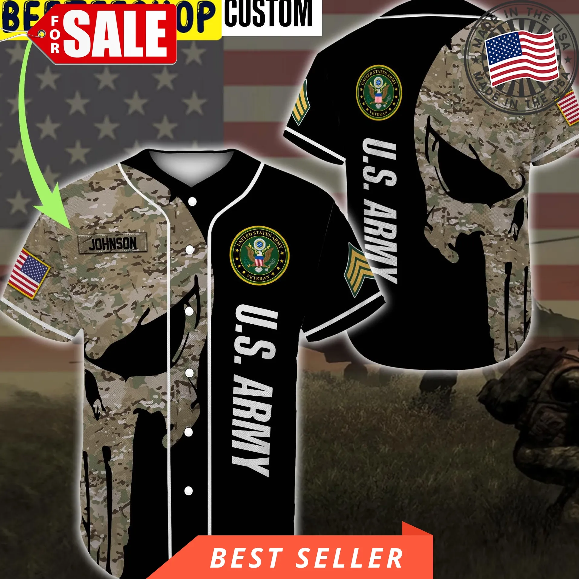 Custom Name United States Army Veteran Trending Jersey Baseball Unisex Tshirt