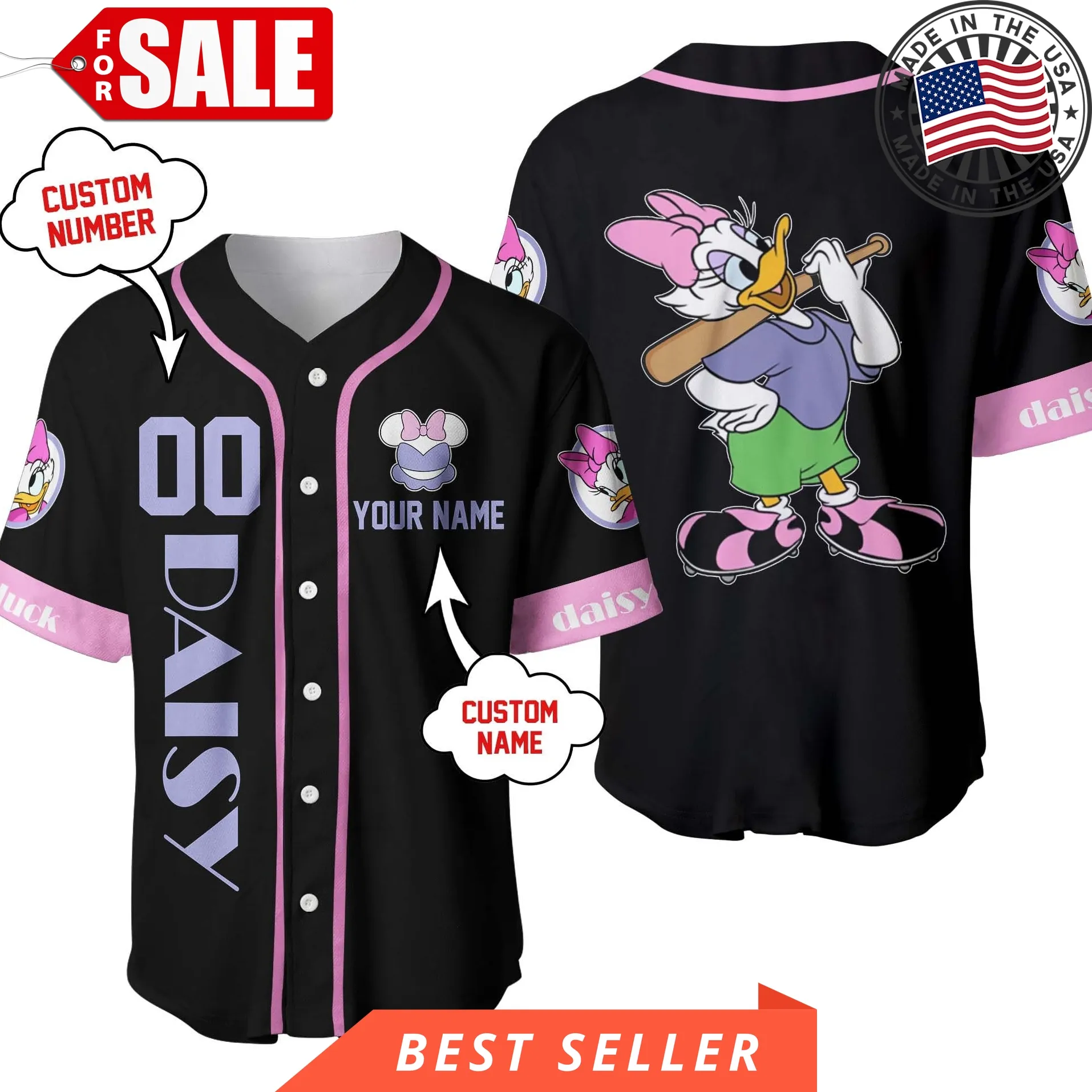 Daisy Duck Black Purple Disney Personalized Unisex Cartoon Custom Baseball Jersey Size up S to 5XL