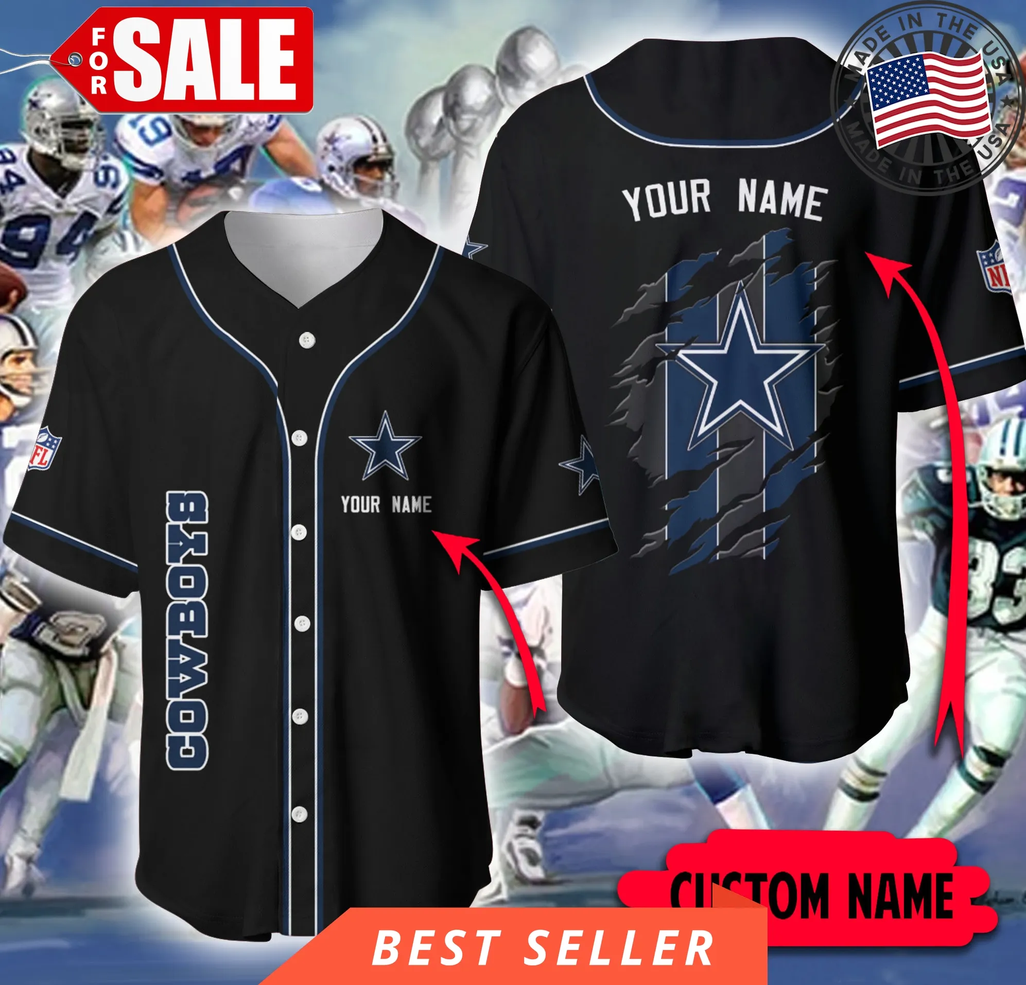 Dallas Cowboys Nfl Custome Name Black Baseball Jersey Shirt