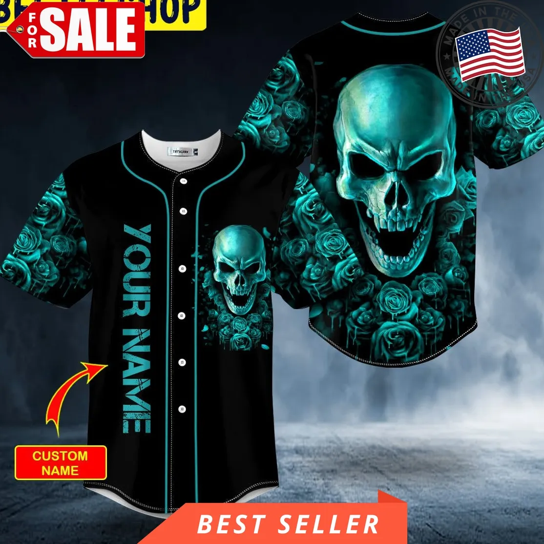 Dark Aquamarine Color Roses Sugar Skull Custom Trending Baseball Jersey