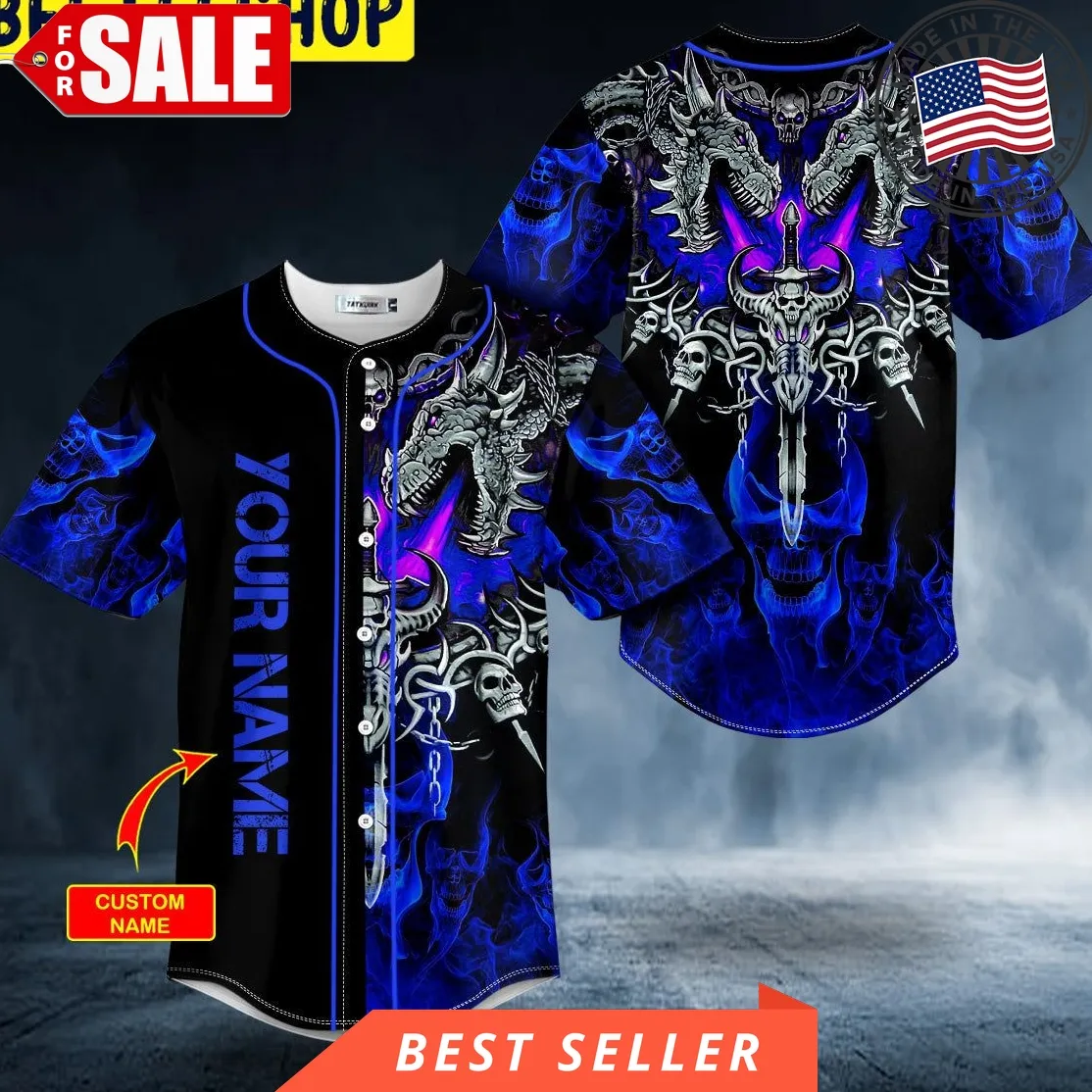 Dark Blue Dragon With Skull Sword Custom Trending Baseball Jersey
