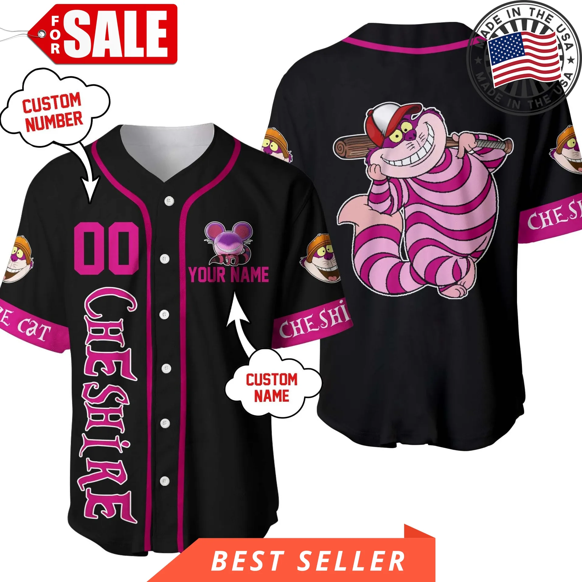 Disney Cheshire Cat Black Pink Disney Personalized Unisex Cartoon Custom Baseball Jersey