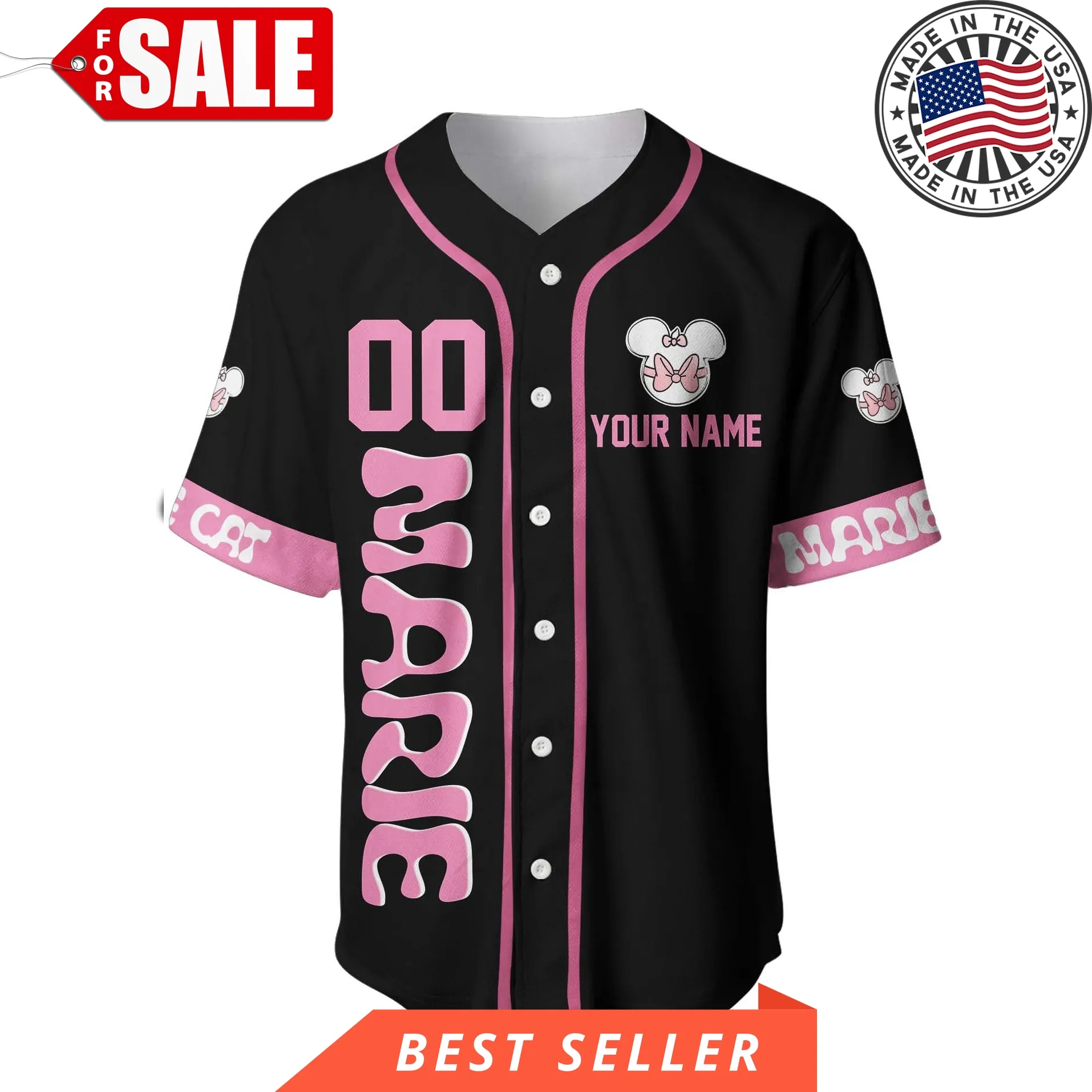 Disney Marie Cat Black Pink Disney Personalized Unisex Cartoon Custom Baseball Jersey