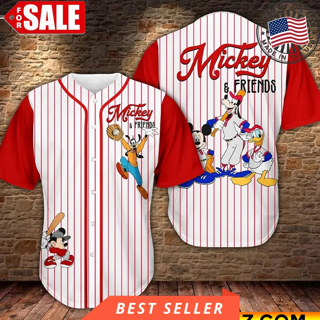Disney Mickey And Friend Play Baseball Red Line Baseball Jersey