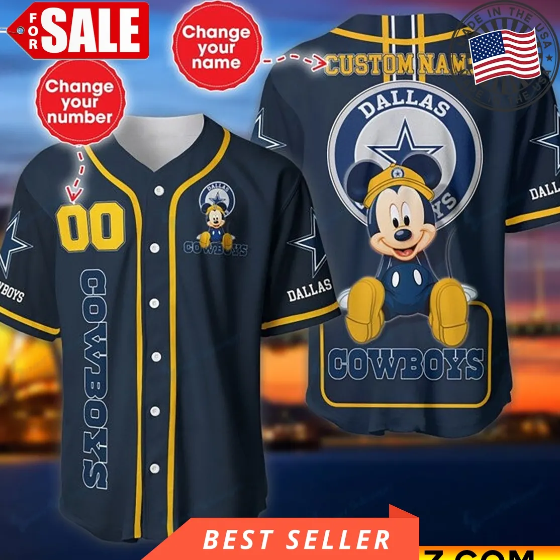 Disney Mickey Dallas Cowboy Nfl Custom Name And Number Baseball Jersey
