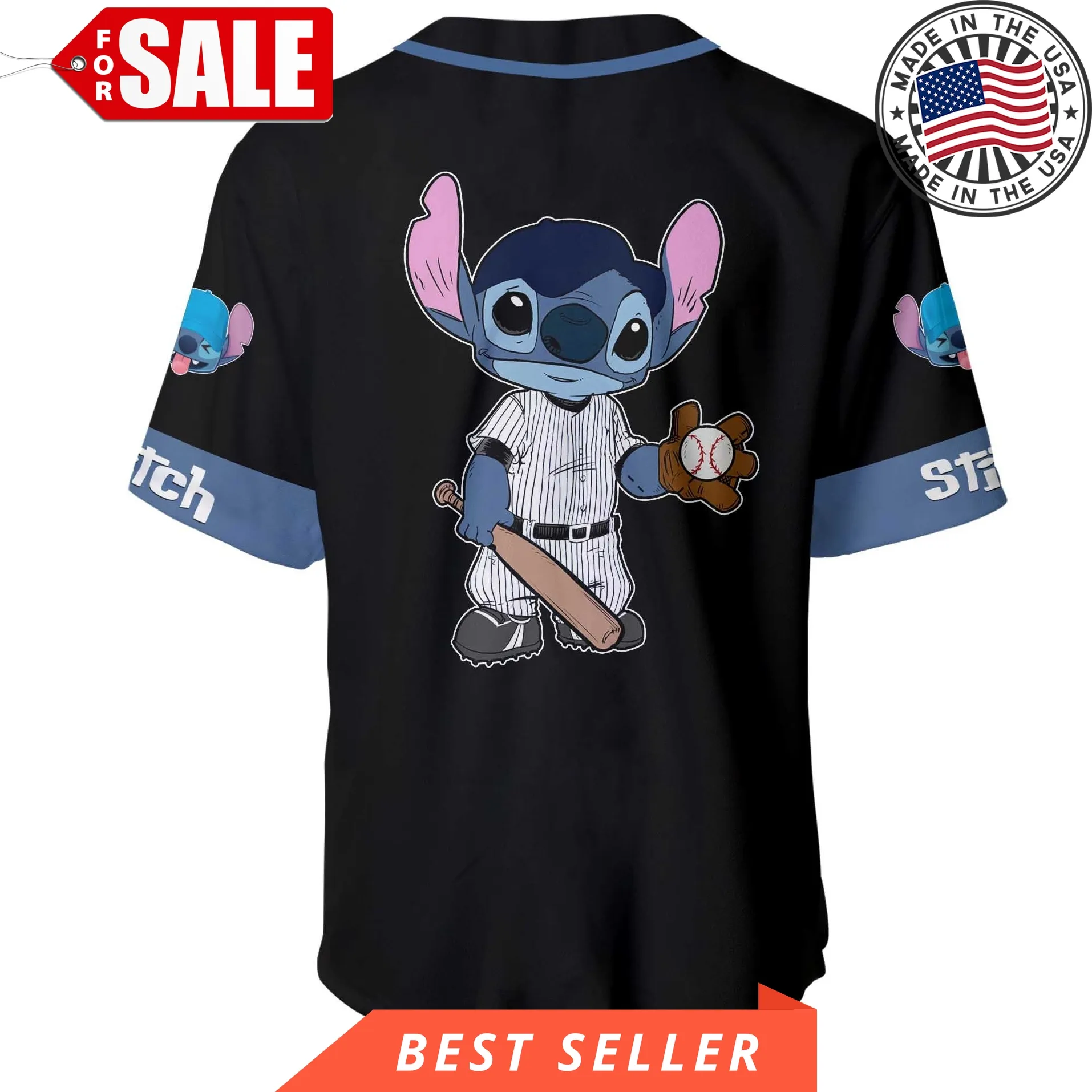 Disney Stitch Black Blue Disney Personalized Unisex Cartoon Custom Baseball Jersey