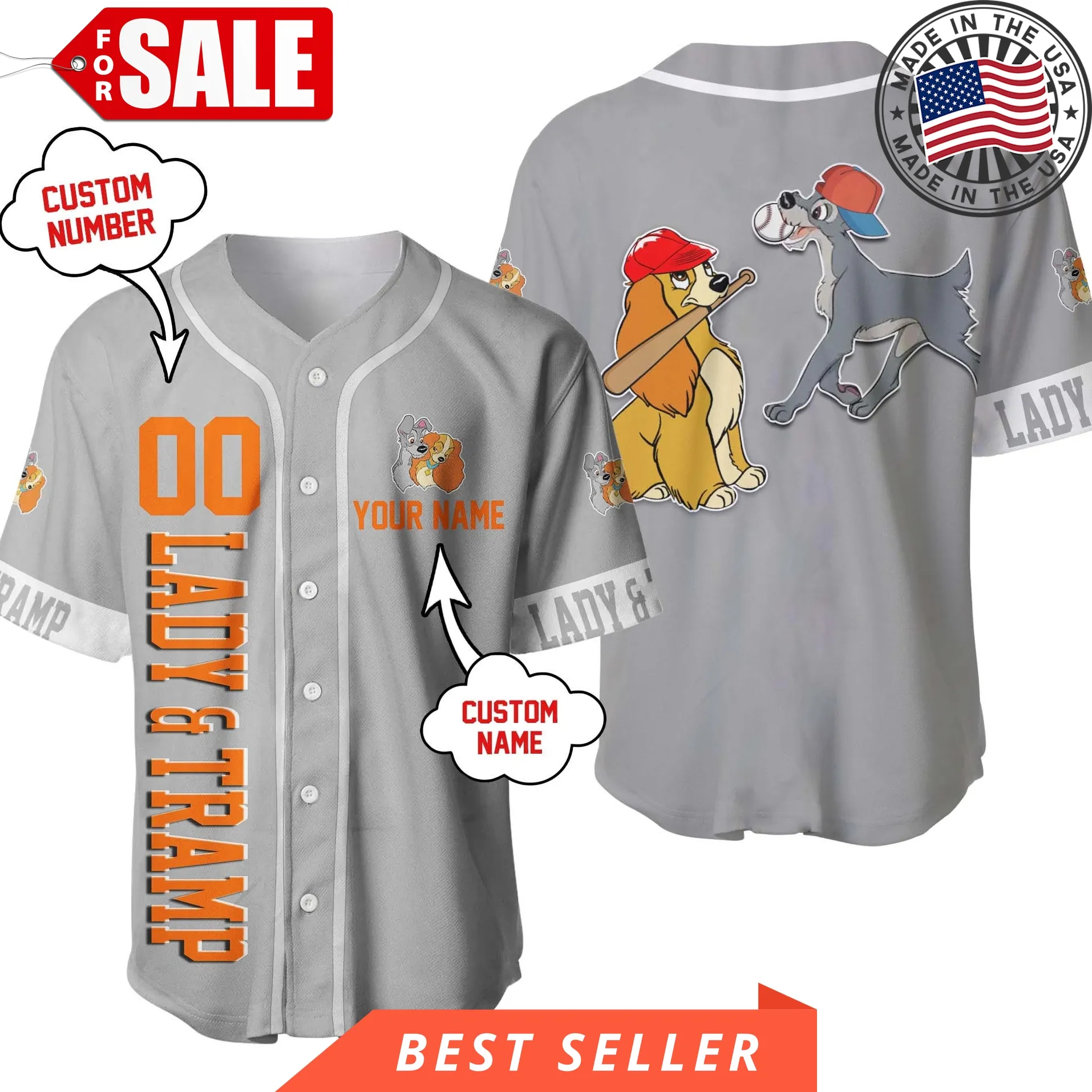Dogs Gray Orange Disney Cartoon Design Lady And The Tramp Custom Personalized Baseball Jersey