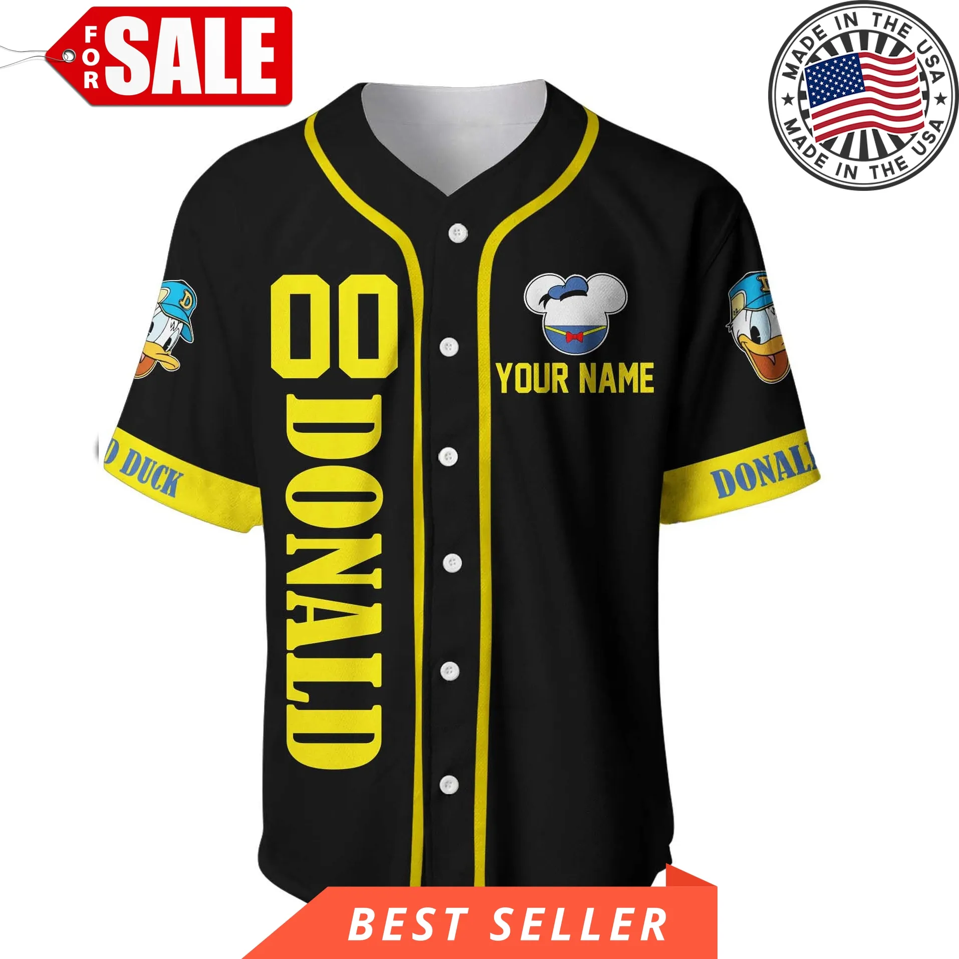 Donald Duck Black Yellow Disney Personalized Unisex Cartoon Custom Baseball Jersey
