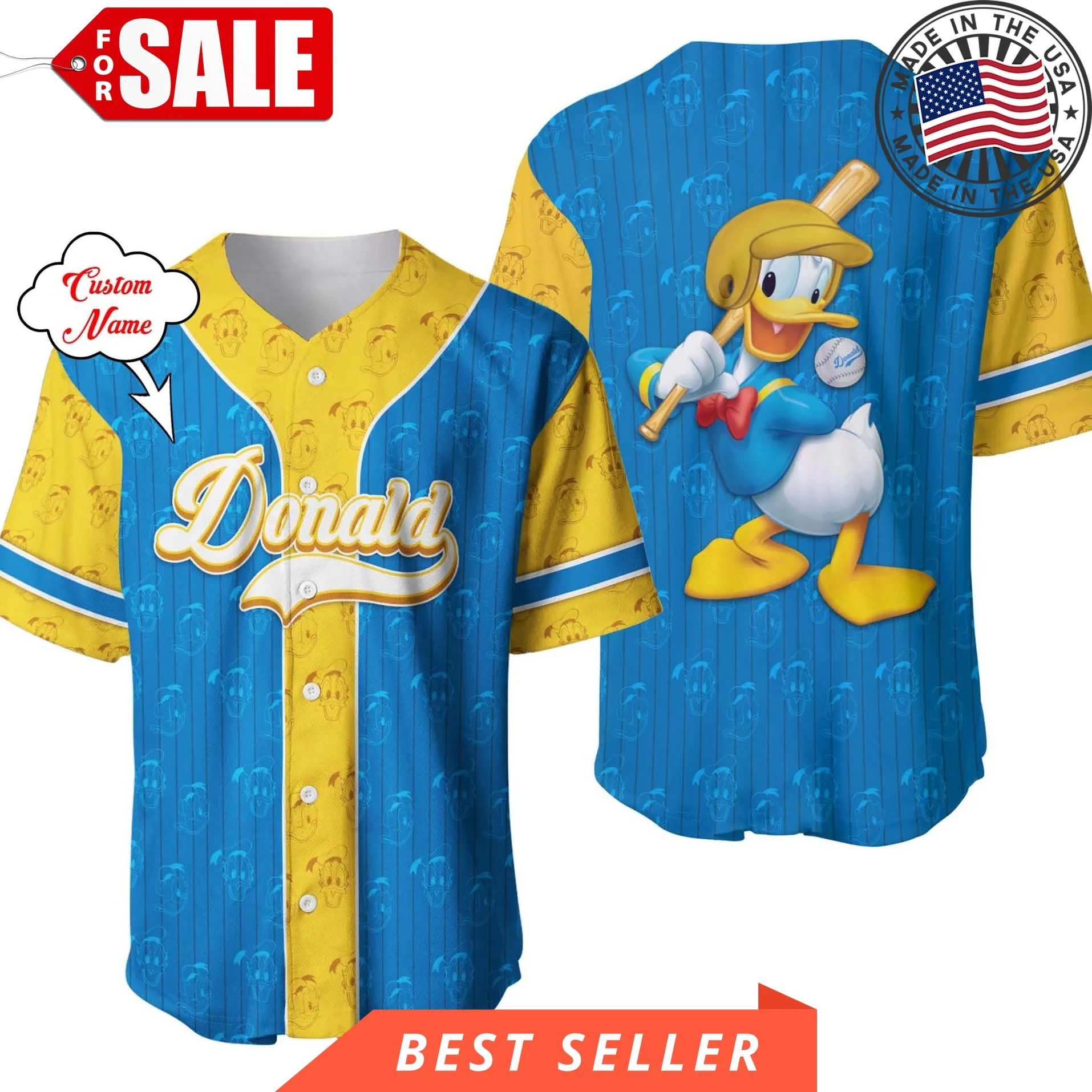 Donald Duck Blue Yellow Patterns Disney Cartoon Design Custom Personalized Baseball Jersey