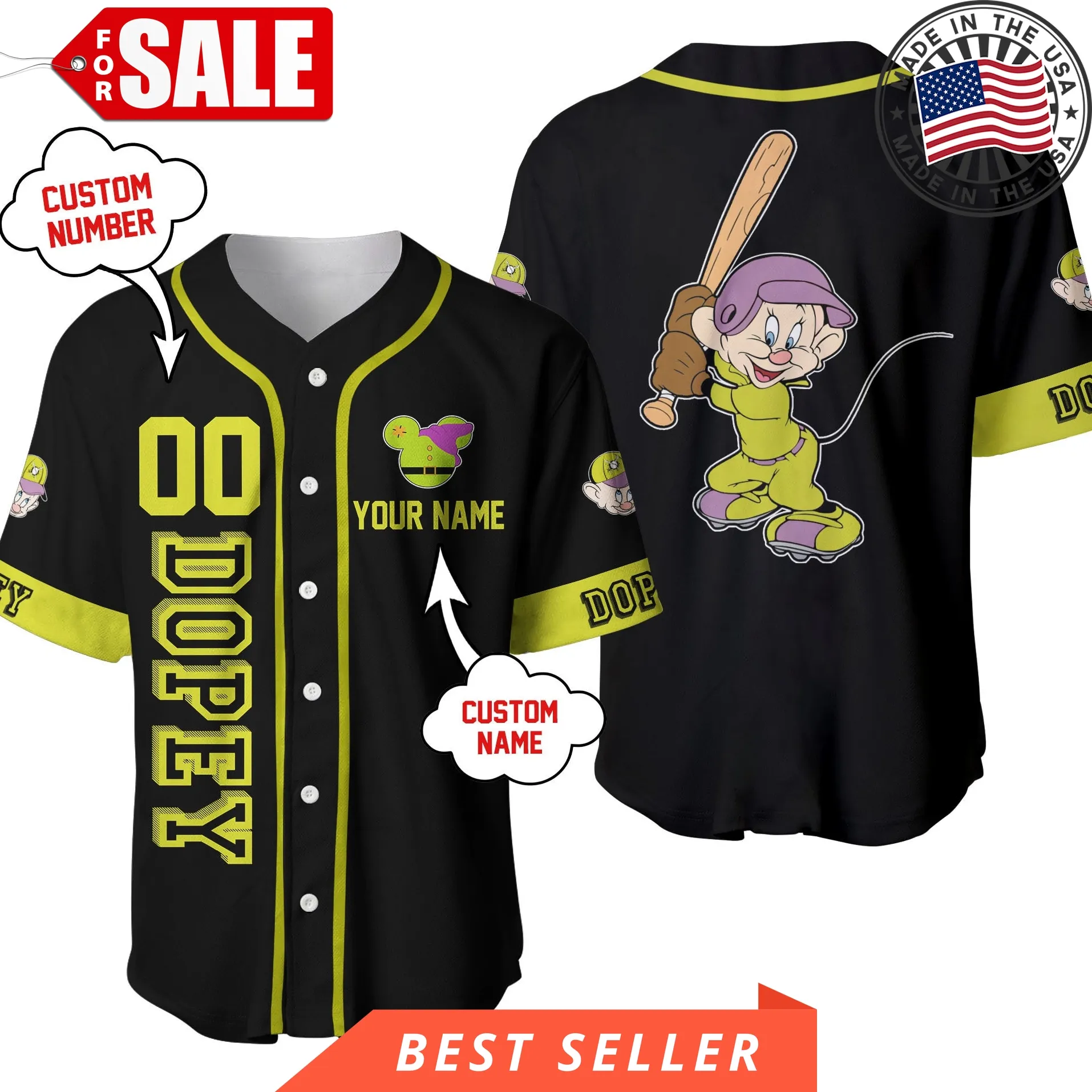 Dopey Dwarf Black Disney Personalized Unisex Cartoon Custom Baseball Jersey
