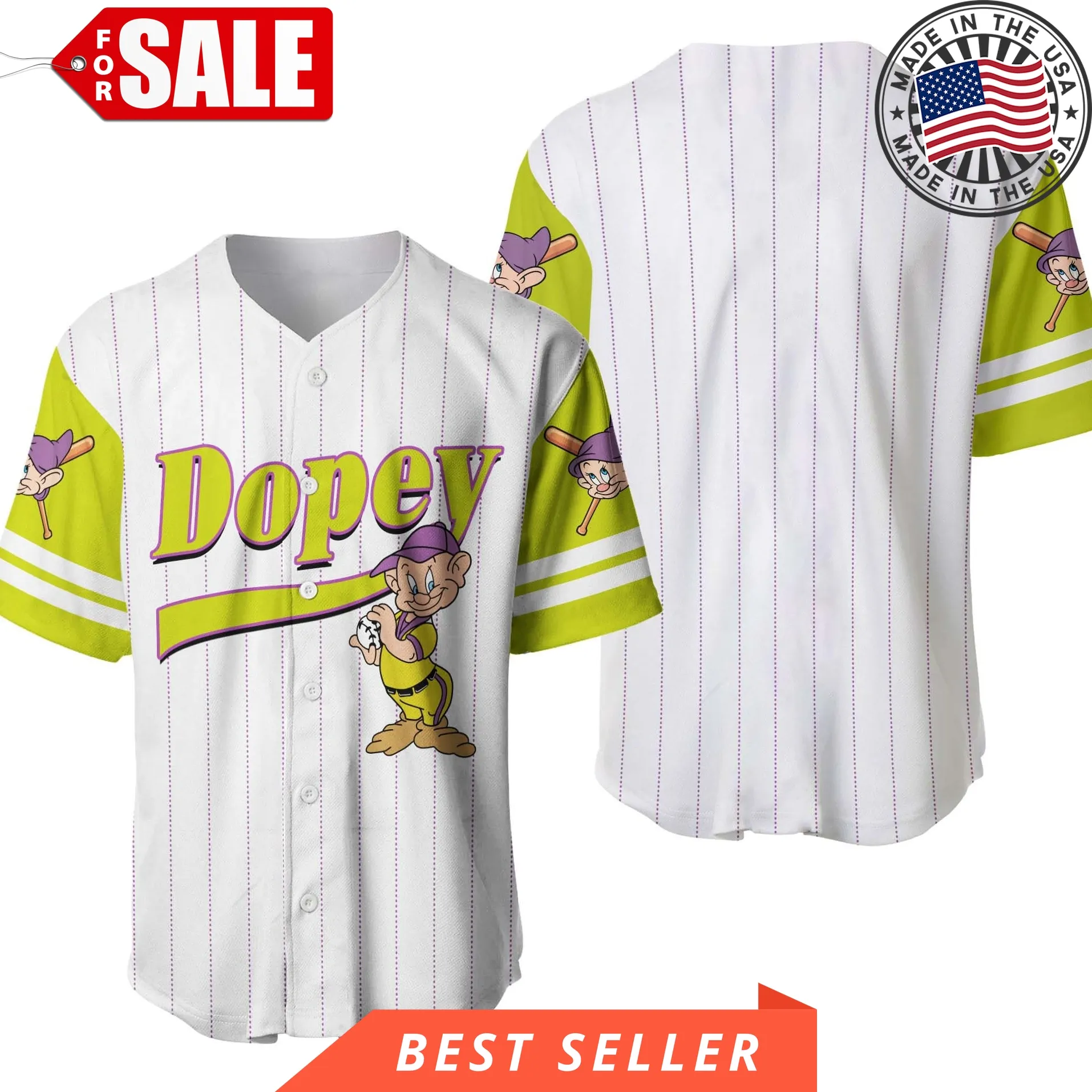 Dopey Dwarf White Chartreuse Disney Cartoon Design Custom Personalized Baseball Jersey