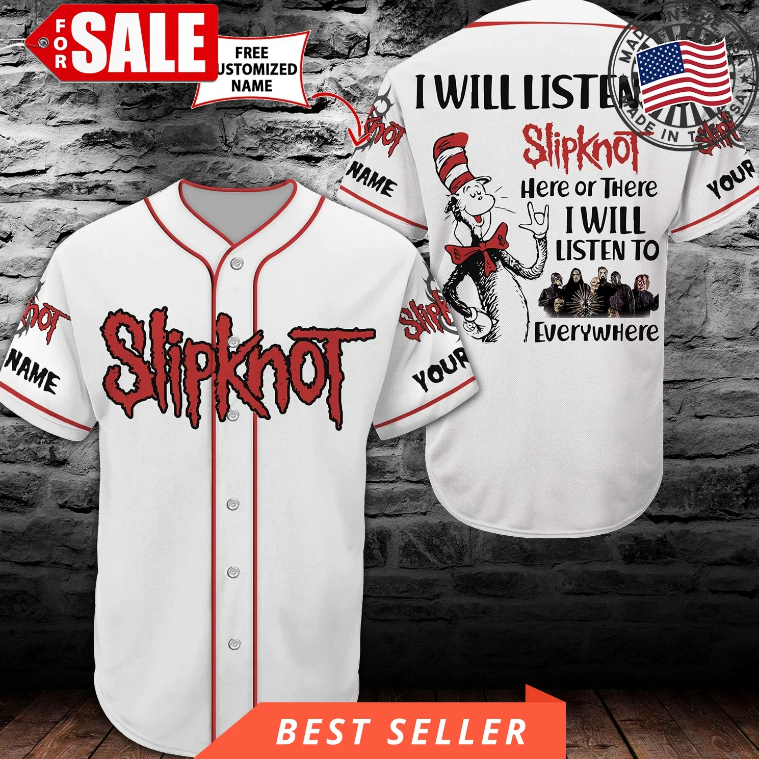 Dr Seuss Slipknot Baseball Tee Jersey Shirt White (Personalized Custom Name) Unisex Men Women
