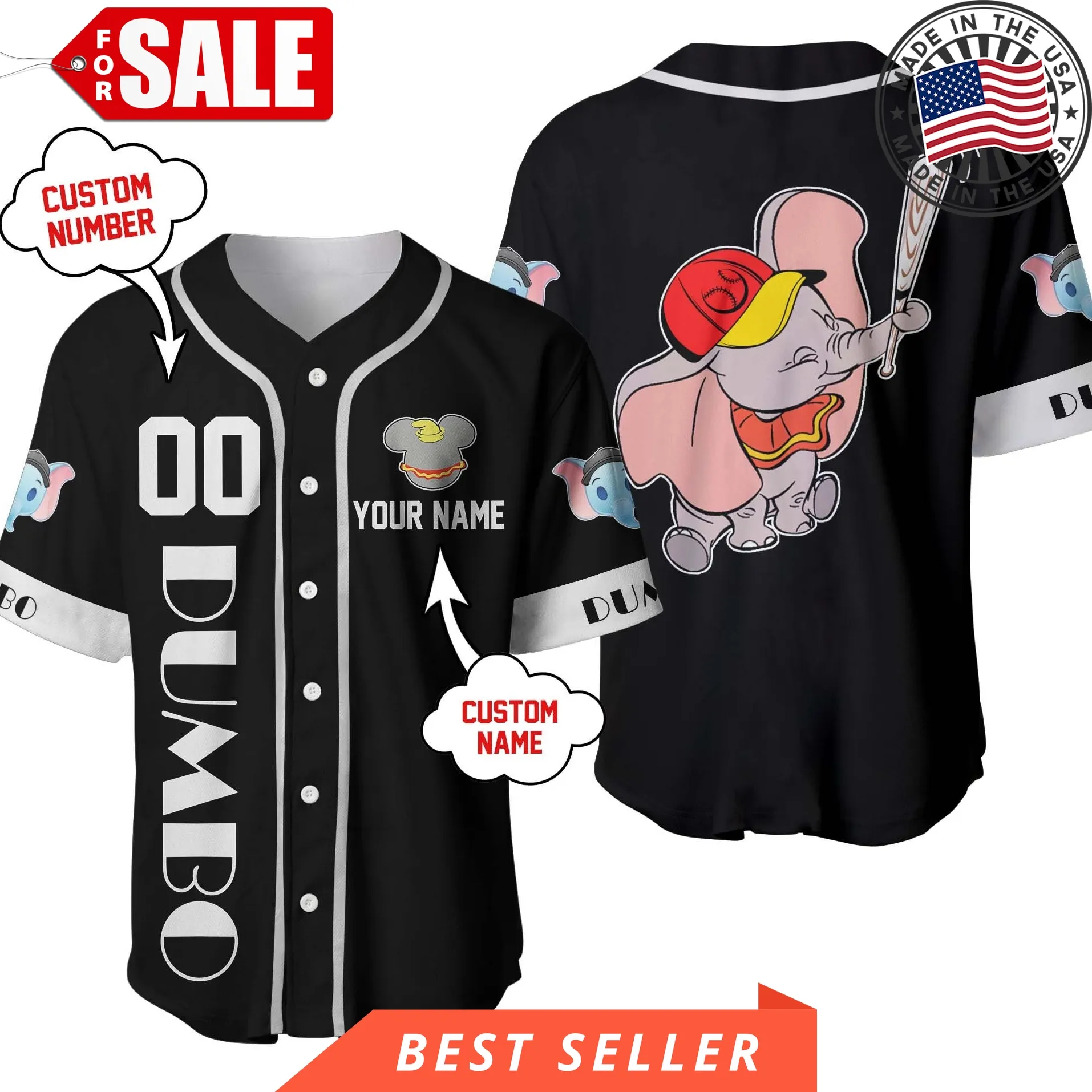 Dumbo Elephant Black White Disney Personalized Unisex Cartoon Custom Baseball Jersey