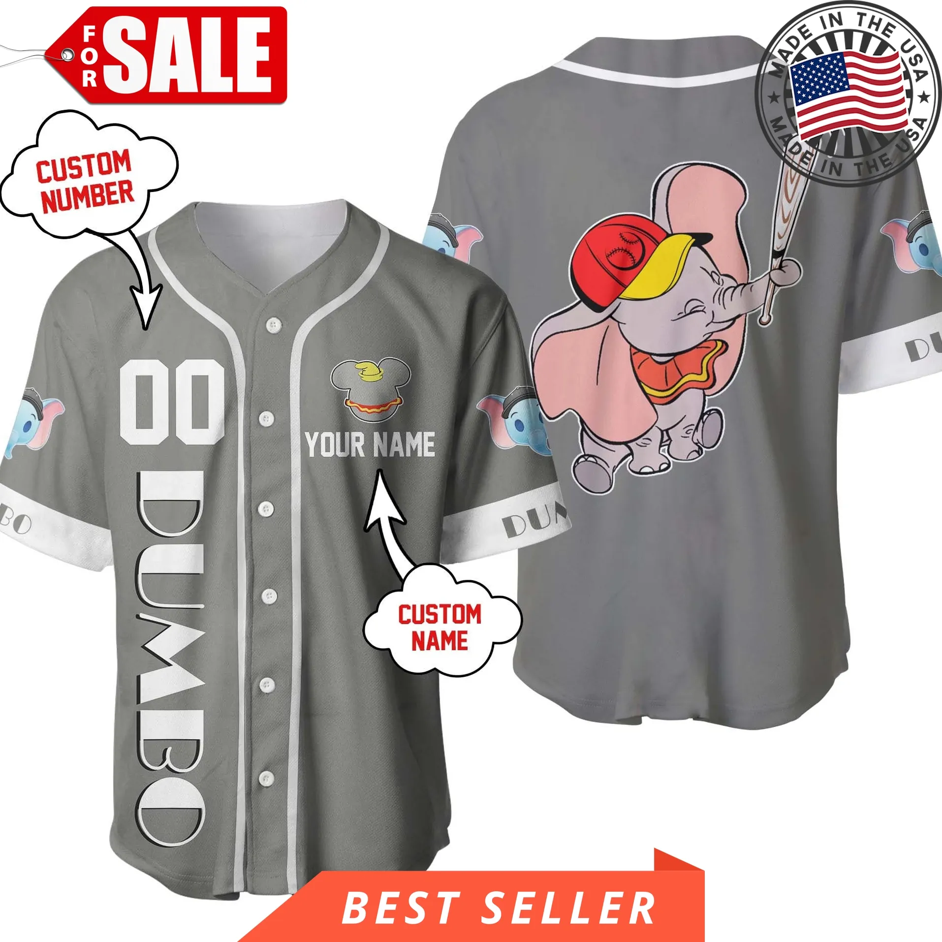Dumbo Elephant Light Grey White Disney Cartoon Design Custom Personalized Baseball Jersey