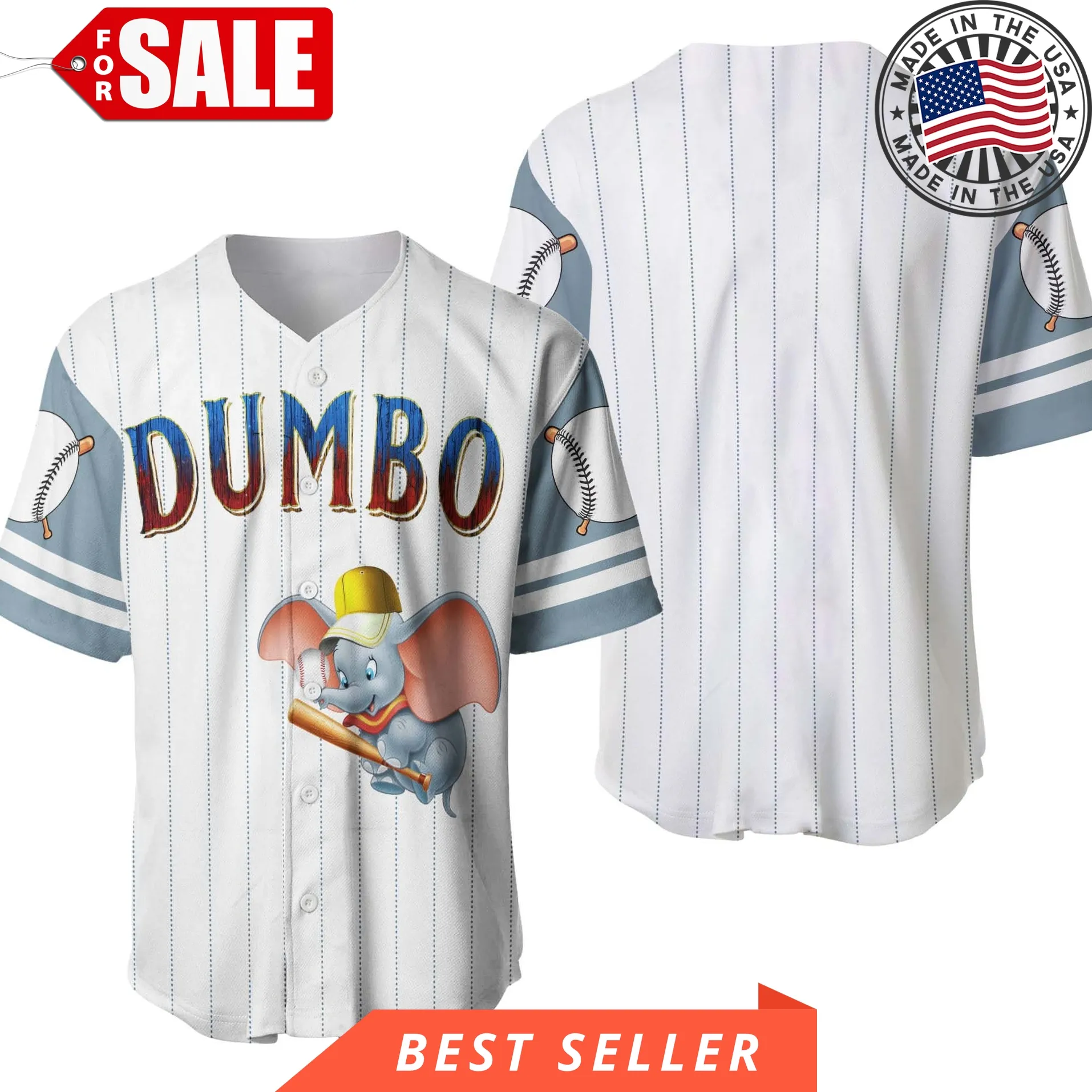  Dumbo Elephant White Light Grey Disney Cartoon Design Custom Personalized Baseball Jersey 