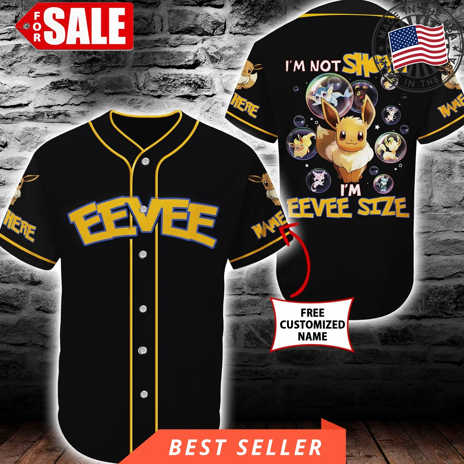 Eevee Size Baseball Tee Jersey Shirt Black (Personalized Custom Name) Unisex Men Women