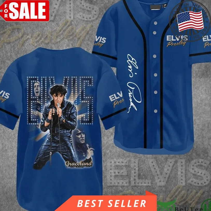 Elvis Presley Graceland Blue Baseball Jersey Shirt